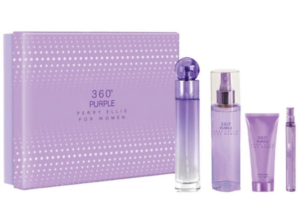 Perry Ellis 360 Purple 4pcs Set for Women (100ml Eau de Perfume 7.5ml Eau de Perfume Body Lotion 90ml Shower Gel 90ml) 844061008816
