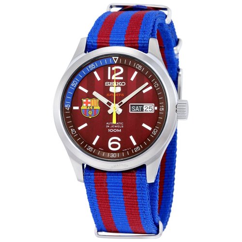 Seiko 5 . Barcelona Automatic Burgundy Dial Striped Nylon Strap Mens  Watch SRP305 | cooclos